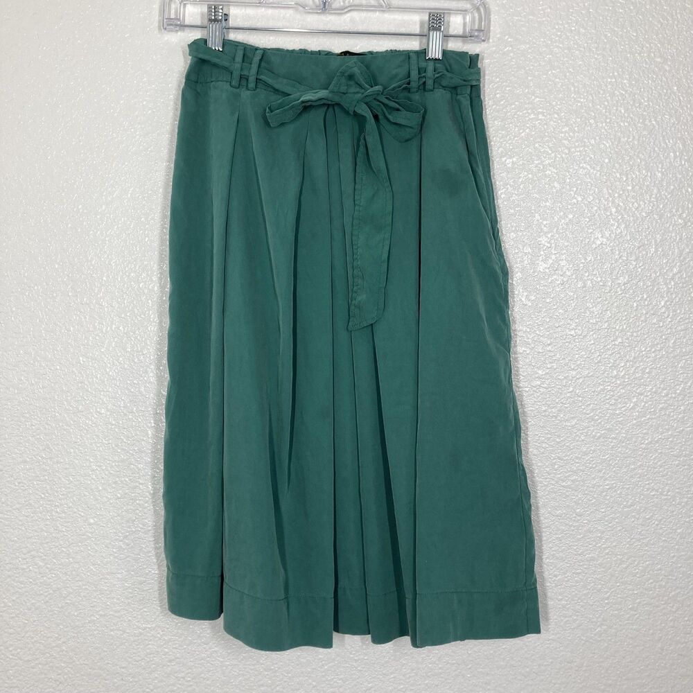 ZARA Green  Skirt Womens Small Green Pleated Paperbag Midi Tie Waist A-Line